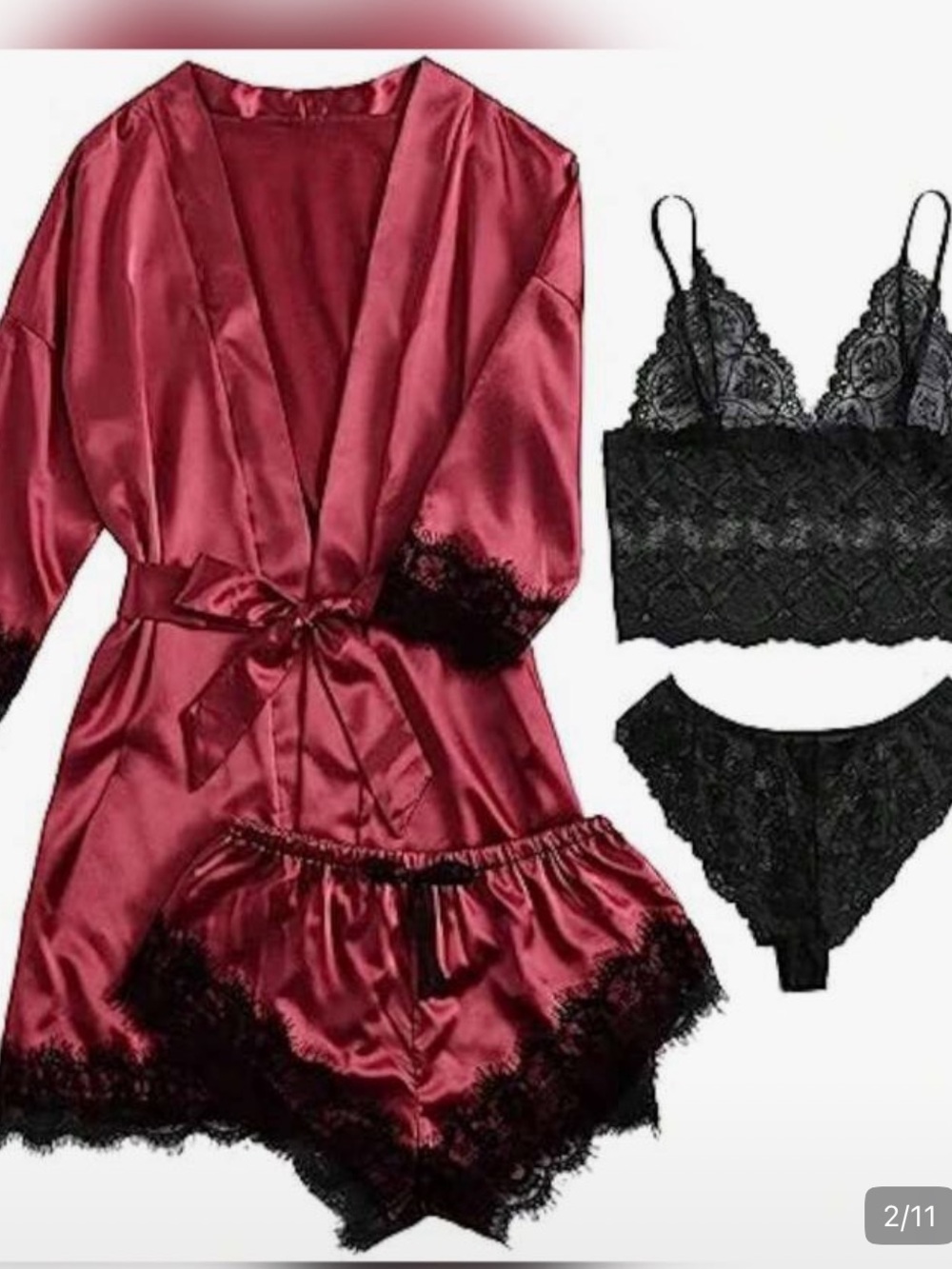 Lingerie honeymoon 4pc bridal Satin Lace Robe Shorts bralette panties set NWT - Picture 4 of 4